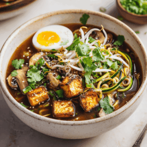 keto tofu met een champignon ramen met een gekookt ei