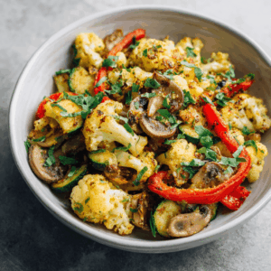 Kom met kleurrijke Keto bloemkoolroerbak met courgette, paprika en champignons, gegarneerd met verse peterselie, basilicum en een lichte strooi voedingsgist.