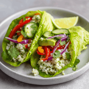 Keto burrito met avocado, bloemkoolrijst, paprika, komkommer en rode ui in een slablad, geserveerd met limoensap en koriander op een wit bord.