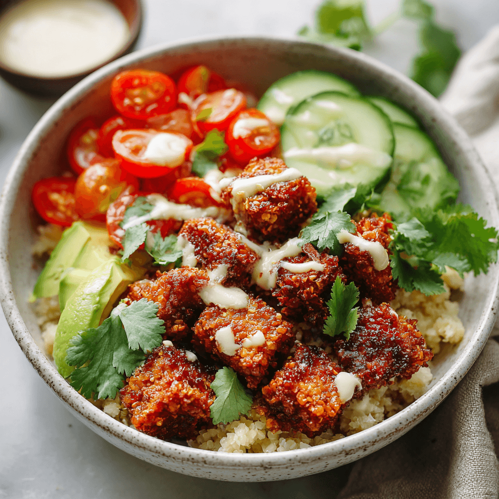 Keto vegan bowl met krokante kokostempeh