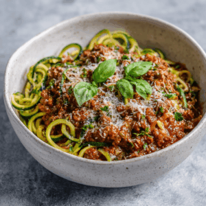 Keto courgetti bolognese met rijke tomatensaus, champignons en bloemkoolrijst in een kom, gegarneerd met verse basilicum en vegan parmezaan, koolhydraatarme pasta zonder pasta.