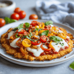 Keto bloemkoolpizza, een koolhydraatarme pizza met een bodem van bloemkool en belegd met saus, kaas en toppings.