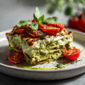 Keto avocado pesto lasagne met gegrilde courgettebladen, vegan ricotta, cherrytomaten en verse basilicum, koolhydraatarm en gezond