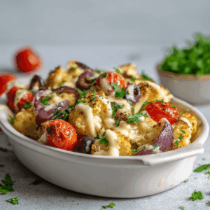 Keto Mediterrane bloemkoolschotel met geroosterde bloemkool, cherrytomaten, Kalamata-olijven, rode ui en romige vegan tahin-kaassaus, gegarneerd met verse peterselie