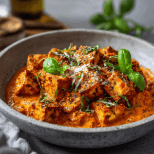 Keto romige tomaat‑tofu koekenpan met krokante tofu, romige kokos-tomatensaus, verse basilicum en keto-vriendelijke kruiden op een bord geserveerd