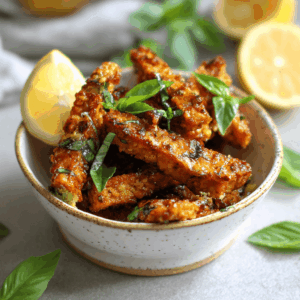 Keto citroen-basilicum tempeh in een koekenpan, goudbruin gebakken tempeh blokjes overgoten met romige citroen-basilicum saus, gegarneerd met verse basilicum en partjes citroen