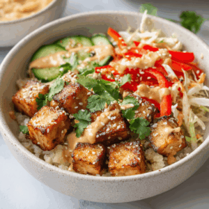 Keto tofu amandel saté bowl, een koolhydraatarme bowl met tofu en een romige satésaus op basis van amandel, geserveerd met groenten