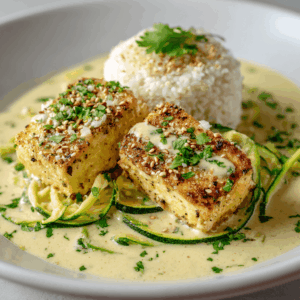 Keto kokos-limoen tofu filets geserveerd met bloemkoolrijst en courgettelinten, overgoten met romige kokos-limoen saus en gegarneerd met koriander, geroosterde kokosvlokken en sesamzaad.