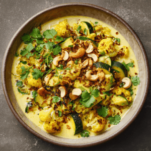 Keto avocado cashew curry met courgette en bloemkool in romige kokos-kerriesaus, gegarneerd met koriander, geroosterde cashewnoten en kokosvlokken.