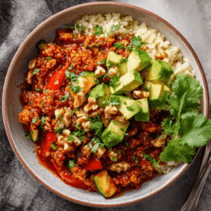 Keto chili met bloemkoolrijst, walnoten, courgette en paprika in een rijk gekruide tomatensaus, gegarneerd met koriander, avocado en geroosterde walnoten.