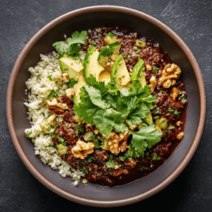 Keto Courgette Mole Chili in een kom, rijk van kleur en smaak, gegarneerd met verse koriander, avocado en geroosterde walnoten, perfect als koolhydraatarme maaltijd