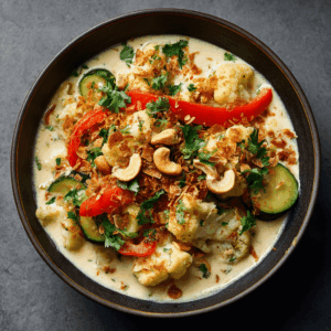 Kom met romige keto kokos kardemom curry met bloemkool, courgette en paprika, getopt met verse koriander, geroosterde kokosvlokken en cashewnoten, geserveerd in een witte kom.