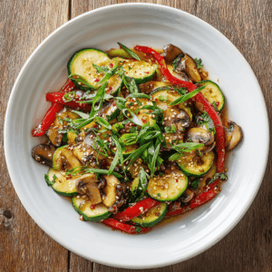 Geroosterde bloemkool, courgette en cherrytomaatjes op een bord, besprenkeld met groene basilicum pesto en gehakte walnoten.
