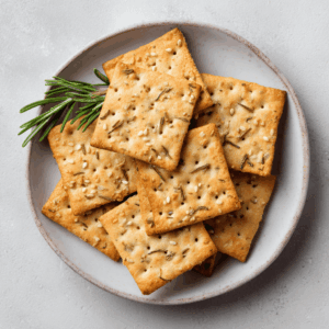 Knapperige keto amandel-rozemarijncrackers, goudbruin gebakken en bestrooid met rozemarijn en sesamzaad, geserveerd op bakpapier als gezonde low-carb snack.
