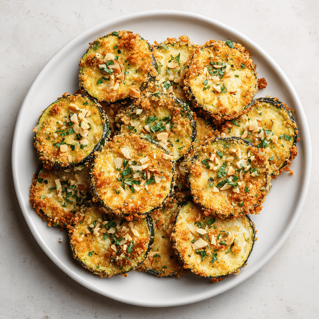 Keto courgettechips met amandel en voedingsgist, goudbruin gebakken en knapperig, geserveerd op een bord met optionele peterselie en amandelschaafsel – gezonde, koolhydraatarme snack boordevol smaak.