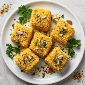Keto tofu nuggets op een bord, goudbruin en krokant, gegarneerd met fijngehakte peterselie, geroosterde sesamzaadjes en amandelschaafsel, perfect als gezonde, koolhydraatarme snack of maaltijdoptie