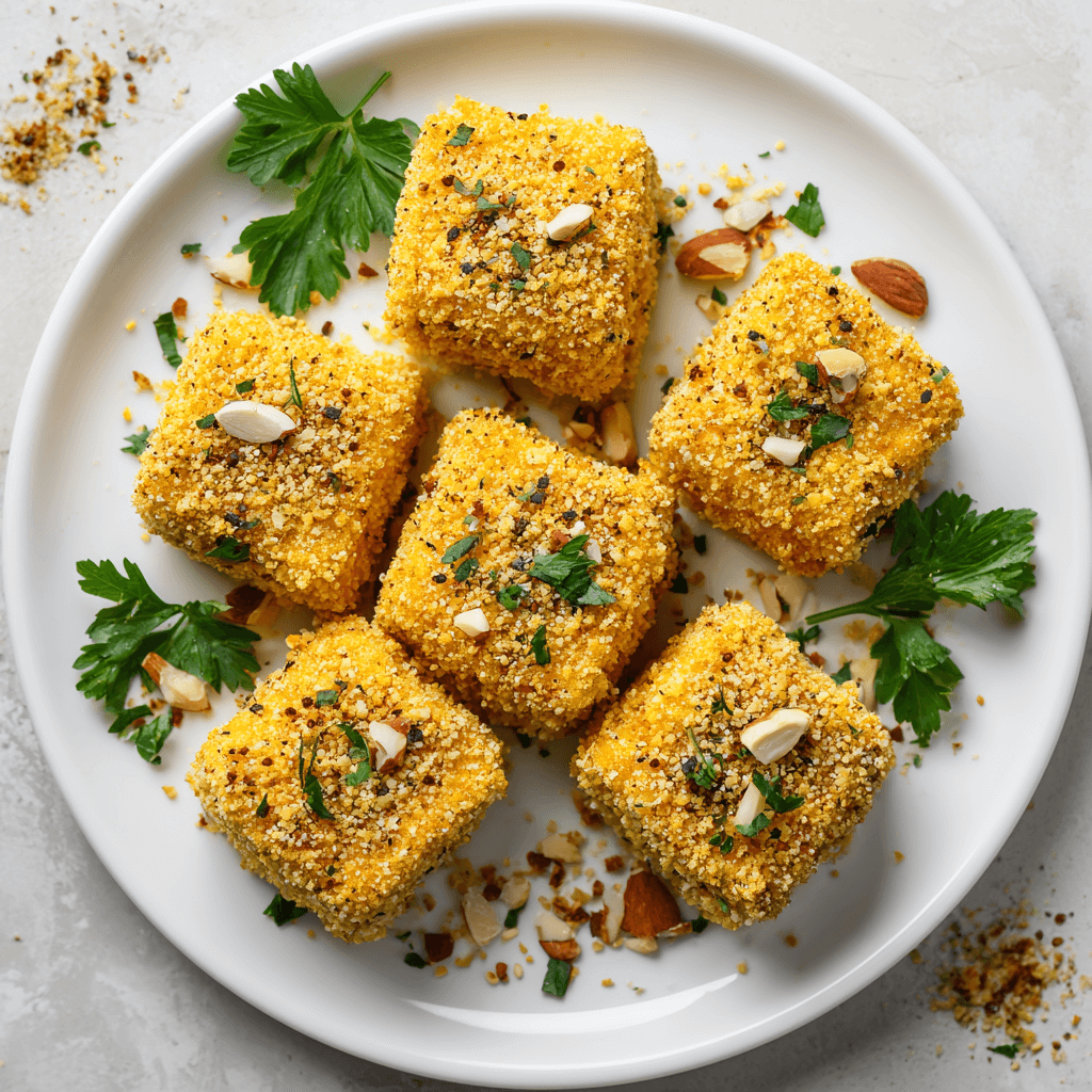 Keto tofu nuggets op een bord, goudbruin en krokant, gegarneerd met fijngehakte peterselie, geroosterde sesamzaadjes en amandelschaafsel, perfect als gezonde, koolhydraatarme snack of maaltijdoptie