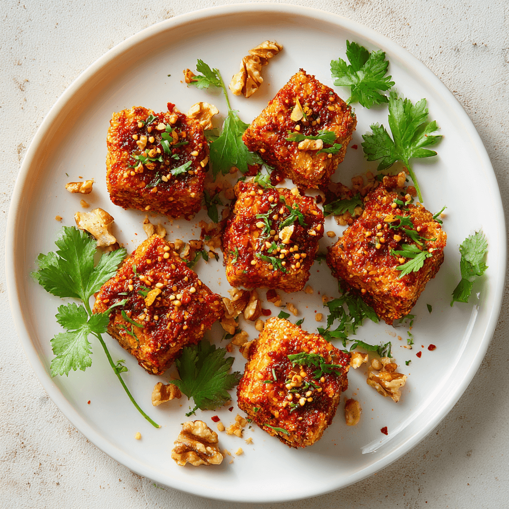 Keto tempeh chili hapjes op een bord, goudbruin en knapperig gebakken, gekruid met chili en gerookt paprikapoeder, afgewerkt met koriander, geroosterde sesamzaadjes en fijngestampte walnoten, een pittige en eiwitrijke koolhydraatarme snack