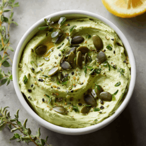 Keto Avocado Kruiden Spread in een klein schaaltje, romige avocado gemengd met verse peterselie en koriander, getopt met hennepzaad en geroosterde pompoenpitten – gezonde, koolhydraatarme snack of dip voor groenten en keto crackers.