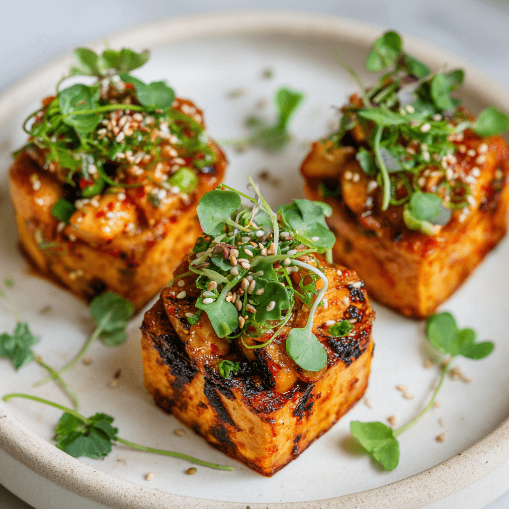 Keto Kimchi Tofu Bekertjes op een bord, gevuld met pittige vegan kimchi, lente-ui en sesamzaad, gegarneerd met koriander en microgroenten. Gezonde, koolhydraatarme snack vol eiwitten en smaak, perfect voor een keto- of plantaardig dieet.