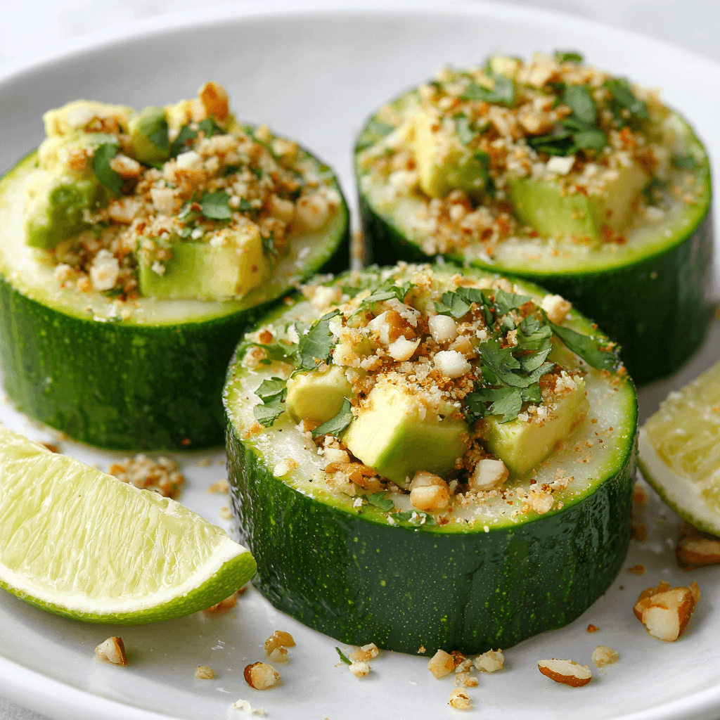 Keto Avocado-Limoen Crunch Bekertjes – gezonde, koolhydraatarme avocado-vulling in kleine komkommerbekertjes, gegarneerd met hennepzaden, koriander en limoenpartje, perfect als lichte snack of voorgerecht