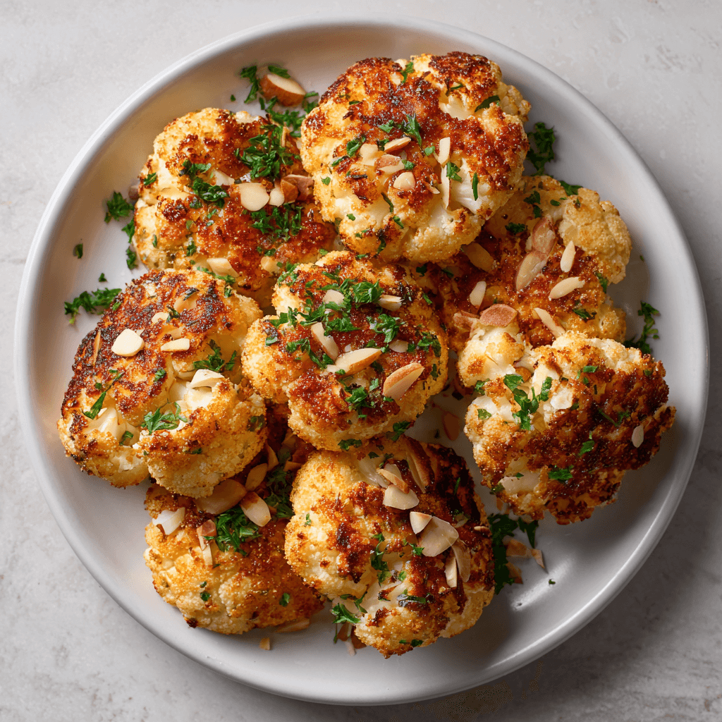 Keto Bloemkool Snack Bites – 8 goudbruine, knapperige bloemkoolhapjes met olijfolie, knoflook en gerookte paprika, gegarneerd met peterselie, geroosterde amandelen en voedingsgist. Perfect koolhydraatarm, gezond tussendoortje of bijgerecht voor een keto-dieet