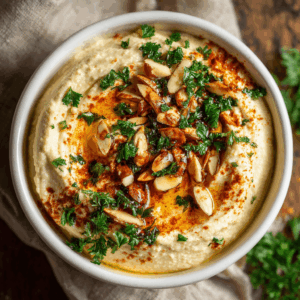 Keto bloemkool-amandel hummus in een klein schaaltje, romig en glad van structuur, gemaakt met gestoomde bloemkool, amandelpasta, olijfolie en citroensap, gegarneerd met peterselie, geroosterde amandelen en gerookt paprikapoeder – een gezonde low-carb dip voor groenten en crackers.