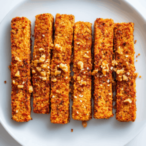 Keto krokante tempehreepjes in een bord, goudbruin en knapperig, gemarineerd in kokosamino’s, olijfolie, knoflook en gerookt paprikapoeder, gegarneerd met sesamzaadjes, koriander en walnoten – een eiwitrijke, low-carb snack en topping voor salades, bowls of wraps.