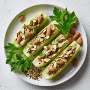 Keto Bleekselderijbootjes met amandelboter, gehakte amandelen en citroensap, een gezonde koolhydraatarme snack, getopt met hennepzaad en peterselie voor extra smaak en voeding