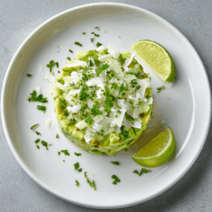 Keto avocado kokos tartaar met fijngehakte komkommer en bleekselderij, gegarneerd met geraspte kokos, koriander en limoen, geserveerd op een wit bord – gezonde koolhydraatarme lunch of voorgerecht