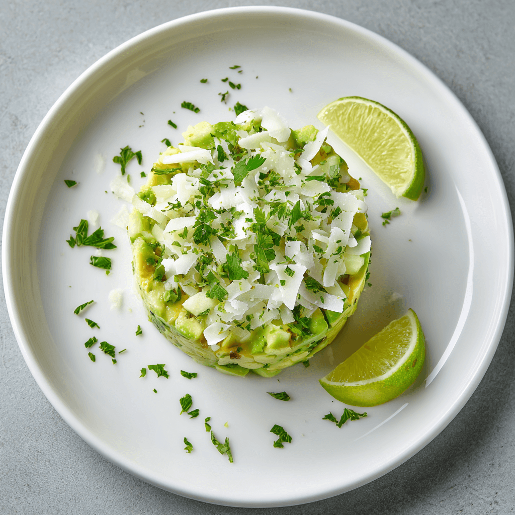 Keto avocado kokos tartaar met fijngehakte komkommer en bleekselderij, gegarneerd met geraspte kokos, koriander en limoen, geserveerd op een wit bord – gezonde koolhydraatarme lunch of voorgerecht