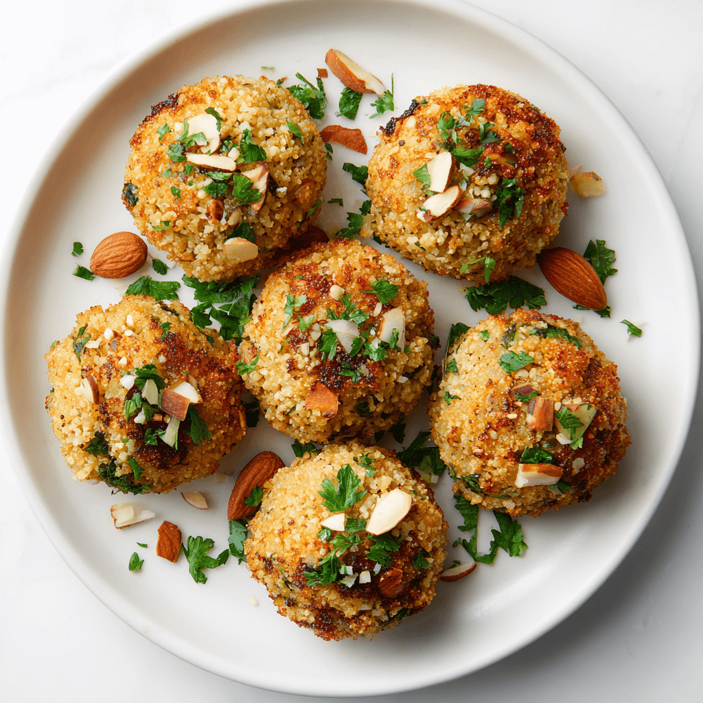 Keto amandel peper hapjes, goudbruin gebakken, klein en knapperig, gegarneerd met peterselie en geroosterde amandelen