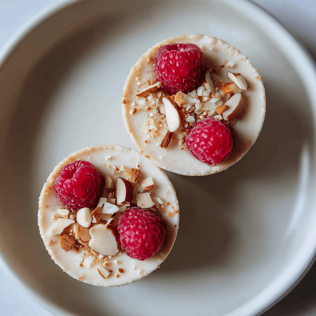 Foto van twee kleine Keto Frambozen Amandel Crème Cups, rijk en romig met een topping van verse frambozen, gehakte amandelen en een vleugje kokos, geserveerd in glazen cups.