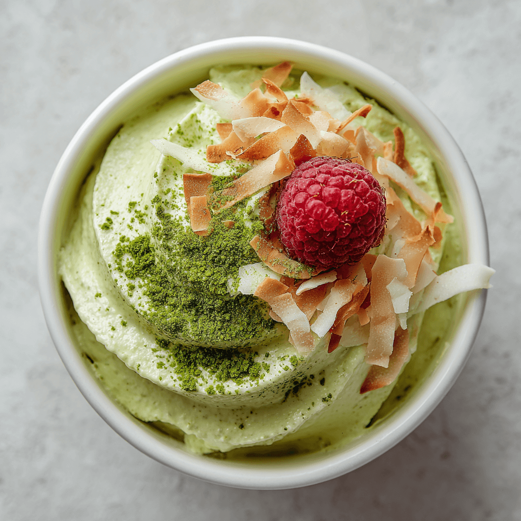 Keto kokos matcha mousse – romige, koolhydraatarme dessertmousse van kokosroom en amandelboter, getopt met geroosterde kokosvlokken, verse frambozen en matchapoeder, ideaal voor gezonde keto-eters en low-carb liefhebbers.