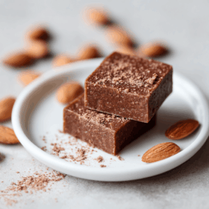 Keto kokos espresso repen met amandelmeel en kokosmeel, goudbruin gebakken en in twee stukken gesneden, op een bord geserveerd met een topping van geraspte kokos en gehakte amandelen, een koolhydraatarme snack met koffiesmaak.