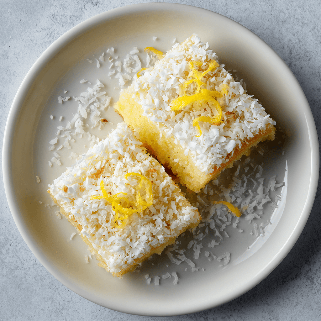 Keto citroen kokos blokjes met romige kokos topping, koolhydraatarm dessert gebakken in een kleine ovenschaal