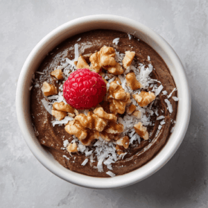 Vegan keto chocolade-walnootpudding in een schaaltje, romig en donker van kleur, gegarneerd met walnoten, kokos en frambozen