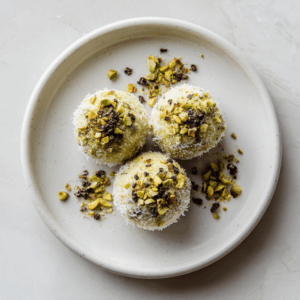 Vegan keto pistache-roomhapjes in kleine ronde balletjes, gegarneerd met gehakte pistachenoten, geraspte kokos en cacaonibs, geserveerd op een schaal