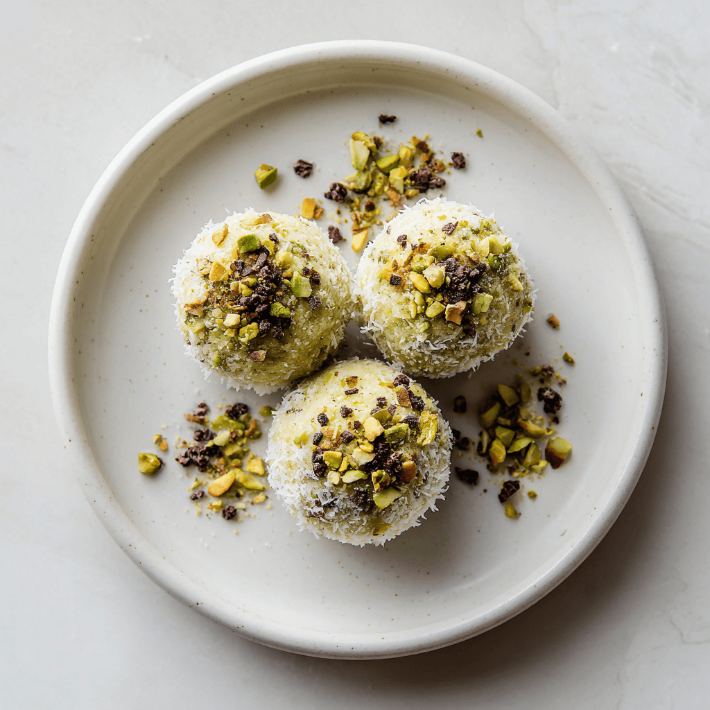 Vegan keto pistache-roomhapjes in kleine ronde balletjes, gegarneerd met gehakte pistachenoten, geraspte kokos en cacaonibs, geserveerd op een schaal