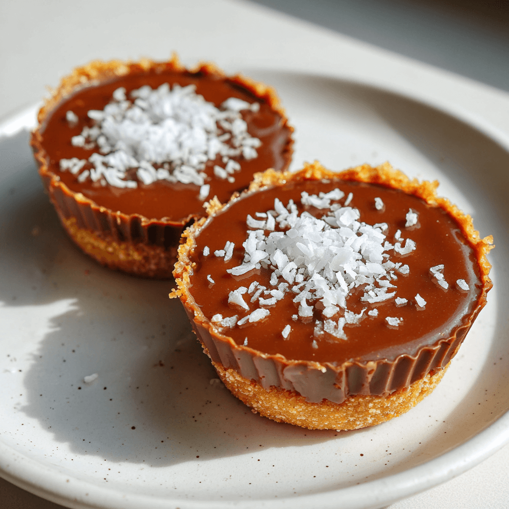 Vegan keto kokos-karamelcupjes in kleine siliconen vormen, gevuld met romige karamel en afgewerkt met kokos en amandelboter