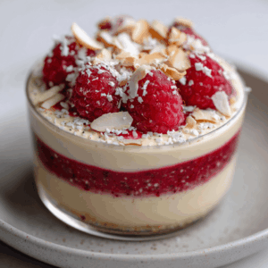 Keto Frambozen Cheesecake Cups in een klein glaasje, gemaakt met kokosroom, amandelpasta en verse frambozen, koolhydraatarm, suikervrij en glutenvrij, ideaal als gezond dessert of snack