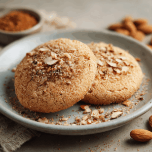 Twee kleine keto kaneel amandelkoekjes op een bakplaat, goudbruin en licht gekarameliseerd, met een snufje kaneel en gehakte amandelen als topping.