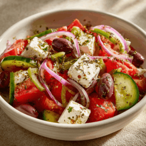 Vers bereide Griekse salade met tomaat, komkommer, rode ui, groene paprika, Kalamata-olijven en blokjes feta, besprenkeld met olijfolie en bestrooid met oregano in een kom.