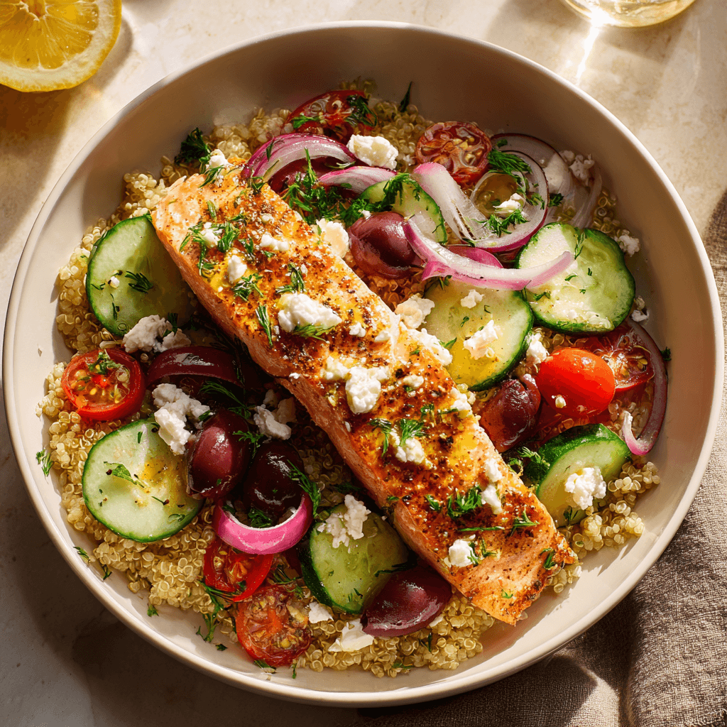 Mediterrane graanbowl met zalm