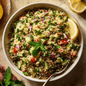Frisse en lichte mediterrane quinoa tabouleh met verse kruiden, glutenvrij en vegan, vol citroen, olijfolie en pure, zomerse smaken.