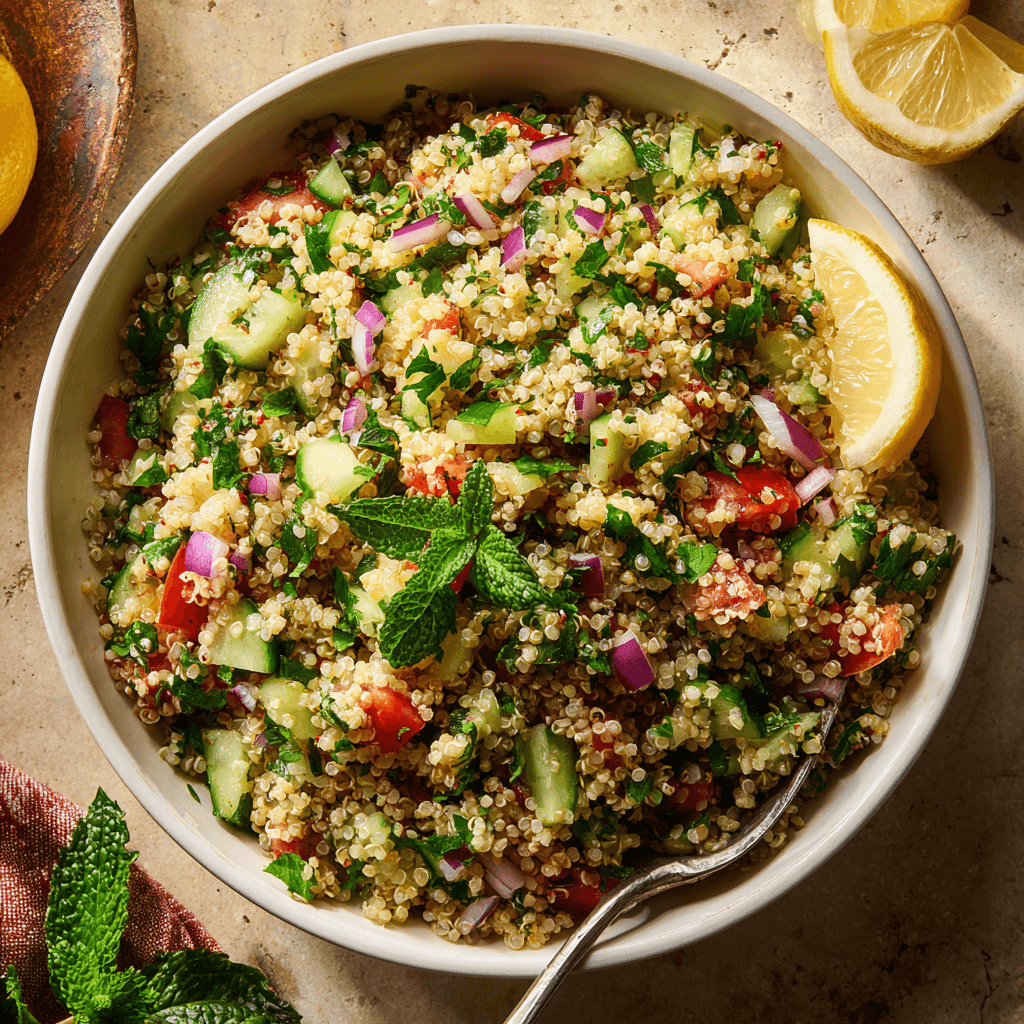 Frisse en lichte mediterrane quinoa tabouleh met verse kruiden, glutenvrij en vegan, vol citroen, olijfolie en pure, zomerse smaken.