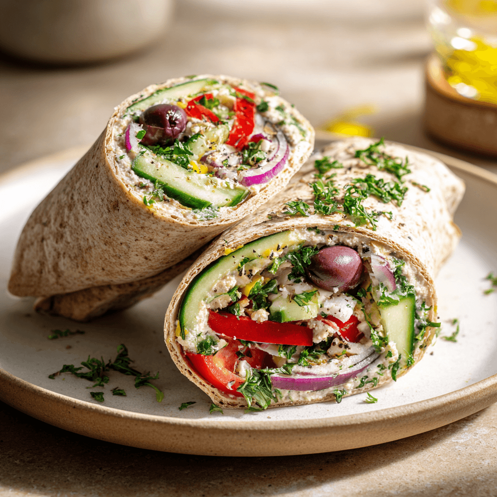 Knapperige mini spanakopita (Griekse spinazietaartjes) van filodeeg, goudbruin gebakken en gevuld met spinazie, feta en verse kruiden, geserveerd op een bord met een frisse yoghurtdip en salade.