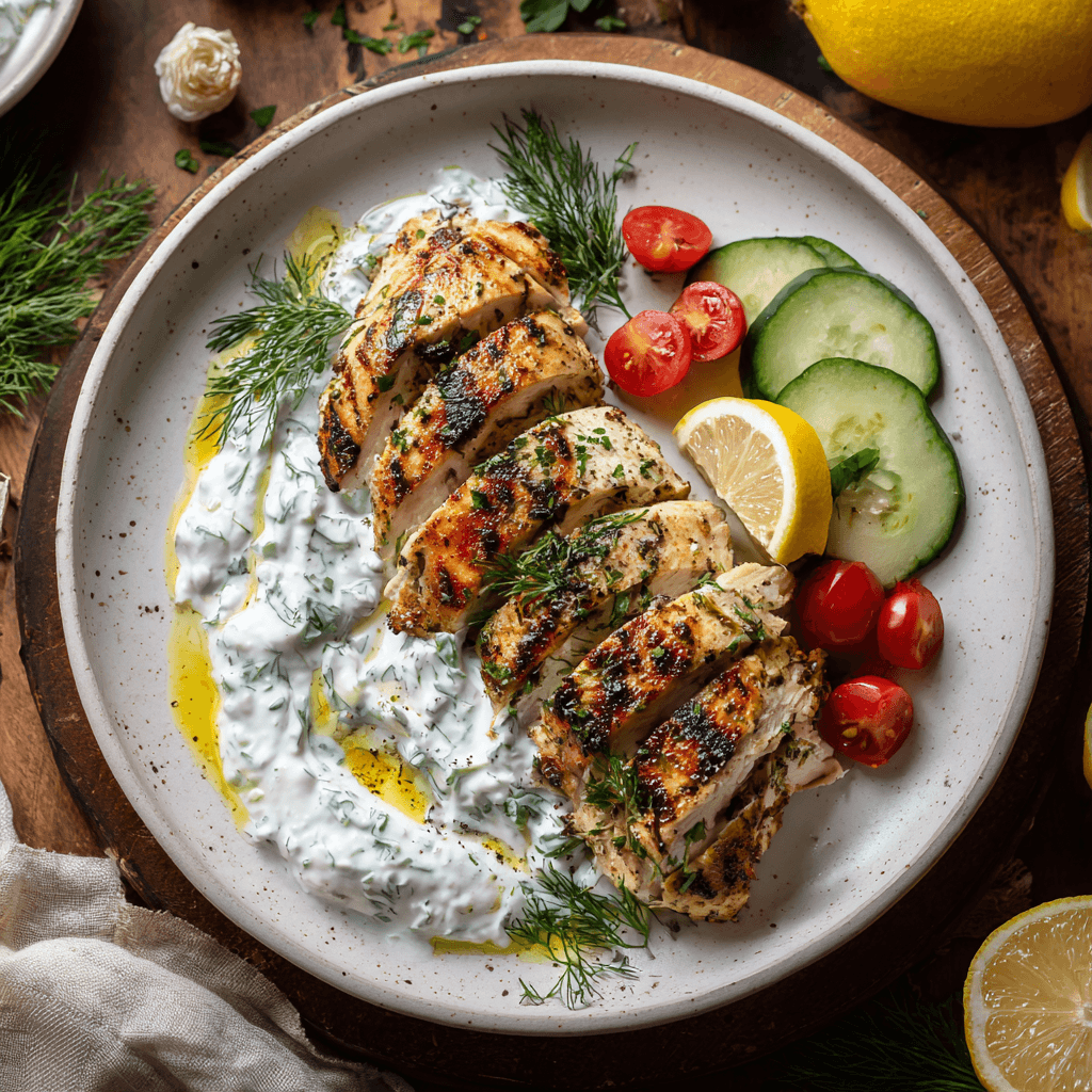 Sappige Mediterraanse Gegrilde Kip met Tzatziki Saus, rijk aan eiwitten, hart-gezond en vol smaak met verse citroen, kruiden en romige yoghurt.