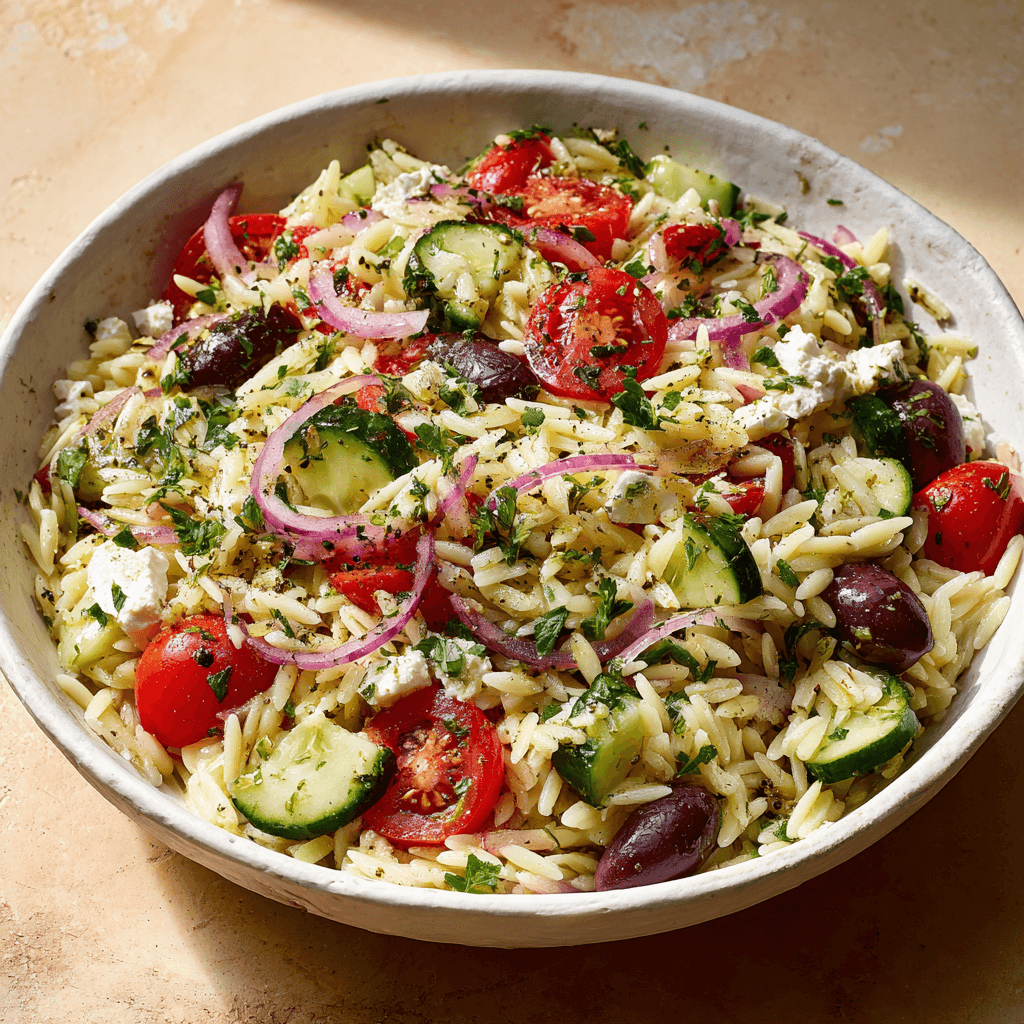 Een kleurrijke Mediterrane Citroen-Kruiden Orzo Salade met feta, olijven en citroen-olijfolie dressing, licht, verfrissend en vol verse kruiden.