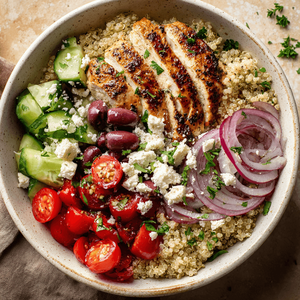 Voedzame mediterrane kip bowl met quinoa, feta en olijven, rijk aan eiwitten en vol frisse smaken. Perfect voor een gezonde en smaakvolle maaltijd.